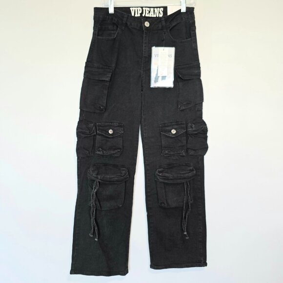 NWT VIP Jeans Wide Leg Cargo Pants Y2K Size J9 Black Streetwear - Picture 1 of 8